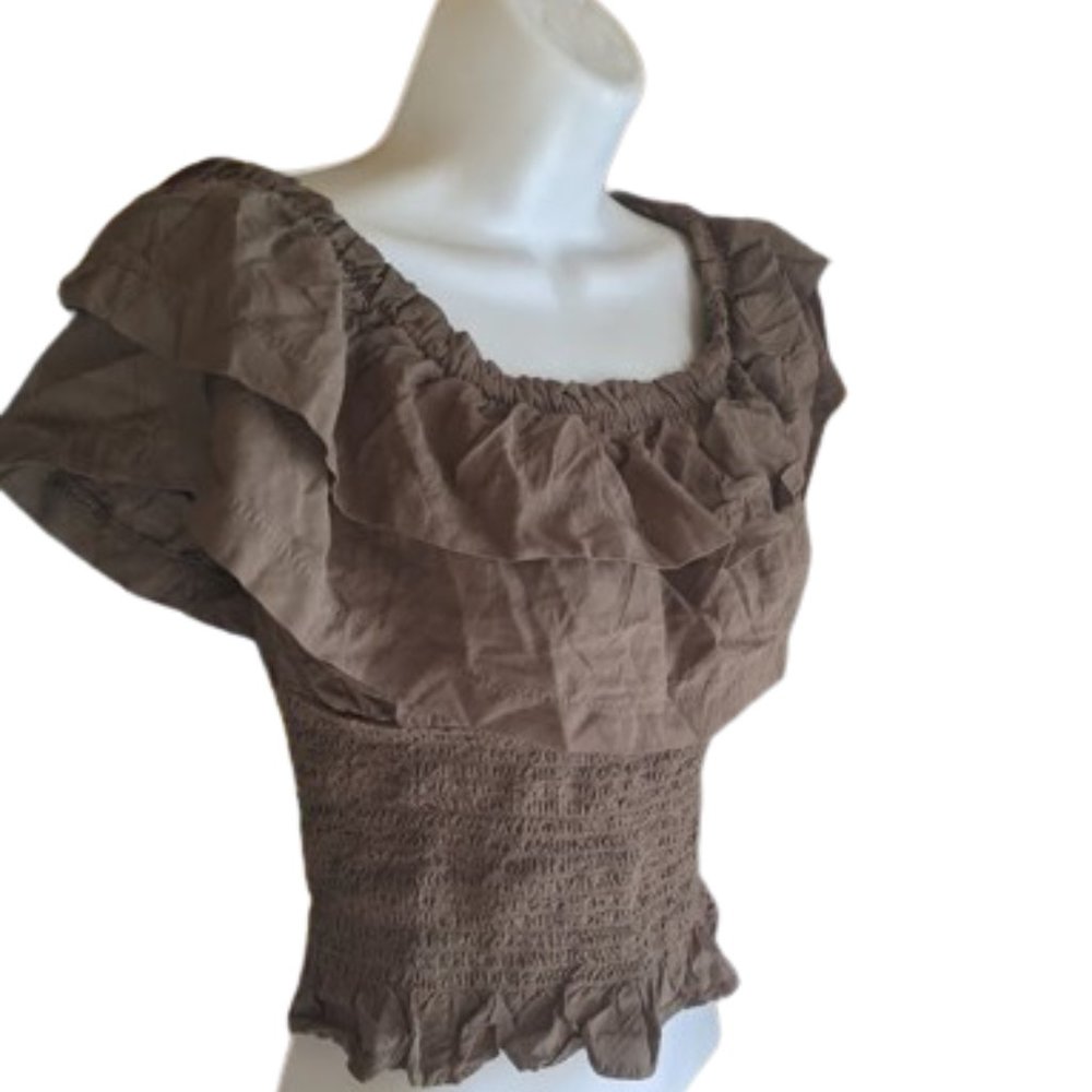 GUESS Khaki Green / Olive Ruffle CroppedTop Size Medium NEW NWT - Picture 2 of 3